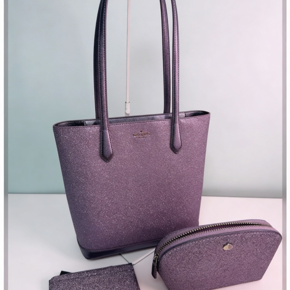 KATE SPADE  💎Glitter Lilac Shoulder Tote bag & Matching wallet cosmetic bag